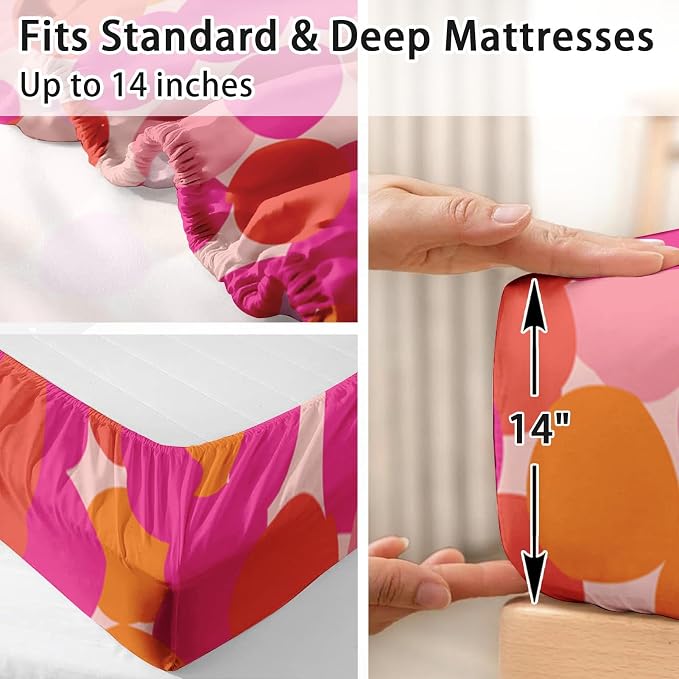 Pamnest Full Size Bed Sheet Sets, Pink Orange Colorful Soft Microfiber 4 Pcs Bedding Sets for Kids and Adults Bedroom Bed Decor, Geometric Abstract Dots Flat, Fitted Sheet and 2 Pillowcases