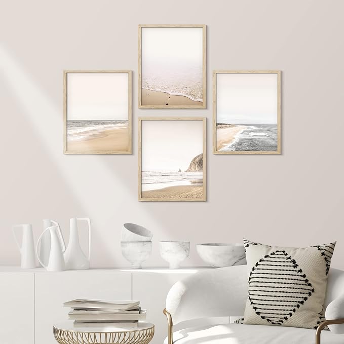 SIGNWIN Framed White Minimalist Ocean Beach Seashore Scenic Wall Art, Set of 4 Landscape Colorful Wall Decor Prints, Nature Wilderness Wall Décor for Living Room, Bedroom - 8"x10" Natural