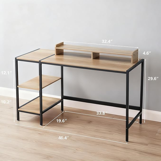 47-inch Computer Desk with Storage Shelf - Natural Wood Ideal Gaming Desk for Bedrooms, Small Spaces, and Home Offices Modern Writing Desk for PCs.