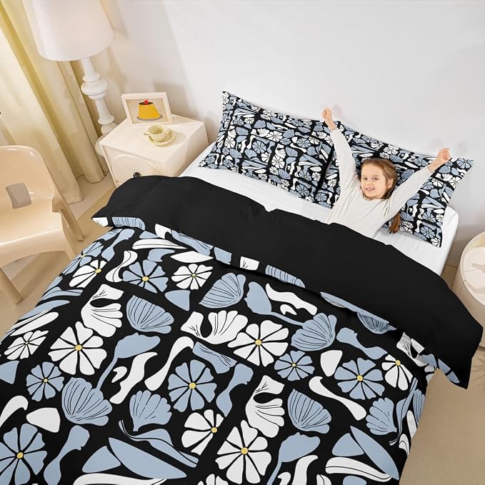 Erosebridal Vintage Abstract Boho Bedding Set Full Mid Century Retro Plants Floral Duvet Cover White Black Blue Geometric Patchwork Comforter Cover for Kids Adults,Modern Abstract Aesthetic Bed Set