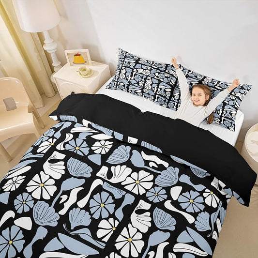 Erosebridal Vintage Abstract Boho Toddler Bedding Set Mid Century Retro Plants Floral Duvet Cover White Black Blue Geometric Patchwork Comforter Cover For Kids Adults,Modern Abstract Aesthetic Bed Set