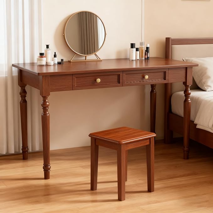 French Country Style Walnut Writing Desks with Drawers, 47" Solid Wood Farmhouse Computer Table for Home Office, Living Room Study or Workspace (Walnut)