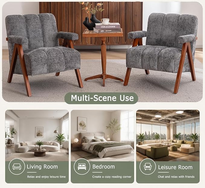 Mid Century Modern Accent Chair with Solid Oak Wood Frame, Upholstered Chenille Lounge Chair with Ergonomic Backrest and Thick Cushion for Living Room Bedroom Balcony, Set of 2, Grey