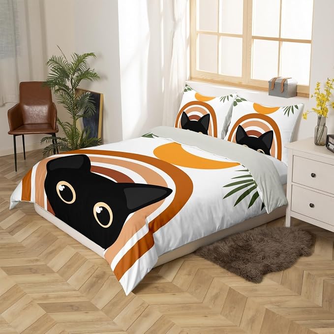 Erosebridal Cartoon Cat Bedding Set Full Abstract Geometric Duvet Cover Boho Mid Century Comforter Cover for Kids Girls Boys Adults Modern Minimalism Animals Bed Set