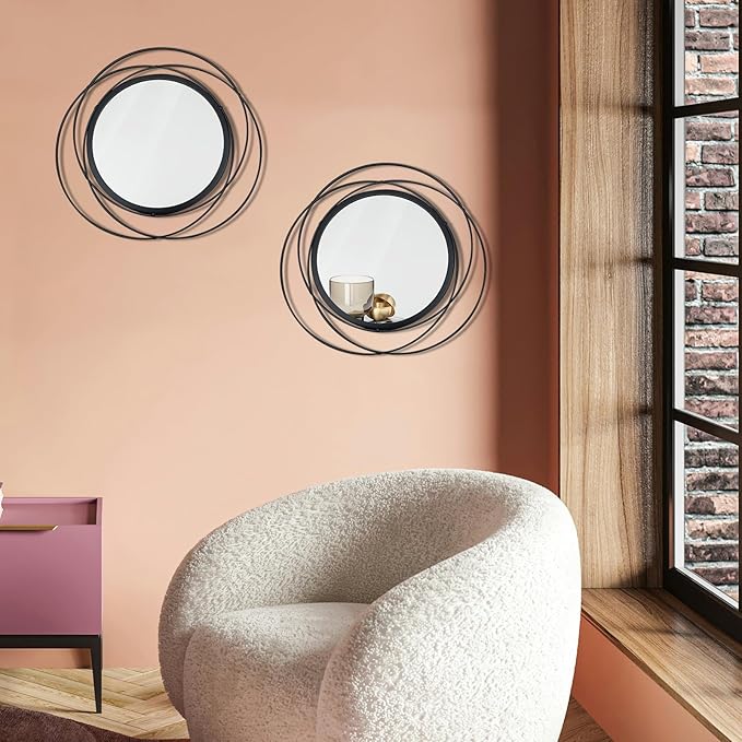 2 Set Circle Mirrors for Wall Decor for Living Room Bedroom Bathroom Entryway Metal Round Mirror Decorative Hanging Mirrors Sun Bohemian Geometric Accent Sculpture -Black 13 in