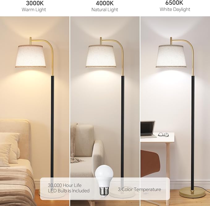 SUNMORY Wood Floor Lamp for Living Room, Mid Century Modern Floor Lamp with 3 Color Temperatures Bulb, Arc Standing Lamp with Adjustable Lampshade, Tall Reading Lamp for Bedroom, Corner, Office