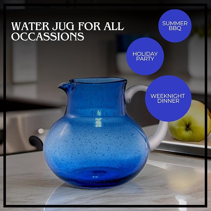 ARTLAND Iris 90oz Glass Pitcher & 17oz Highball Cup (Set of 4) - Handcrafted Drinkware, Unique Bubble Design Lead-Free Glass for Serving Beverages, Home Dining, Entertaining Essentials (Cobalt Blue)