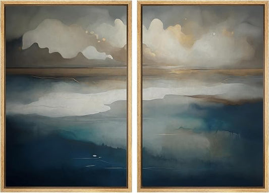 IDEA4WALL Framed Canvas Print Wall Art Set Ocean Cloudscape Blue and Beige Abstract Seascape Illustrations Modern Art Decorative Bohemian Calm/Zen for Living Room, Bedroom, Office - 24"x36"x2 Natural