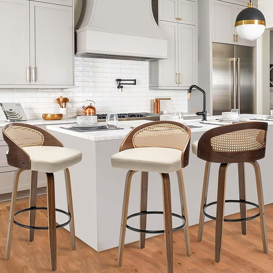30" Swivel Rattan Bar Stools Set of 3 Mid-Century Modern Faux Leather Upholstered Bar Height Stools Kitchen Island Barstool with Rattan Low Backrest,Walnut Wood Finish Bar Chairs,Beige PU