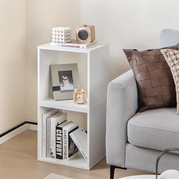 LOKO Stackable 2 Cube Storage Organizer, Freestanding Cubby Storage Bookcase with Anti-toppling Device, 2-Tier Bookshelf, Combinable Record Player Stand for Living Room Bedroom Study (1, White)