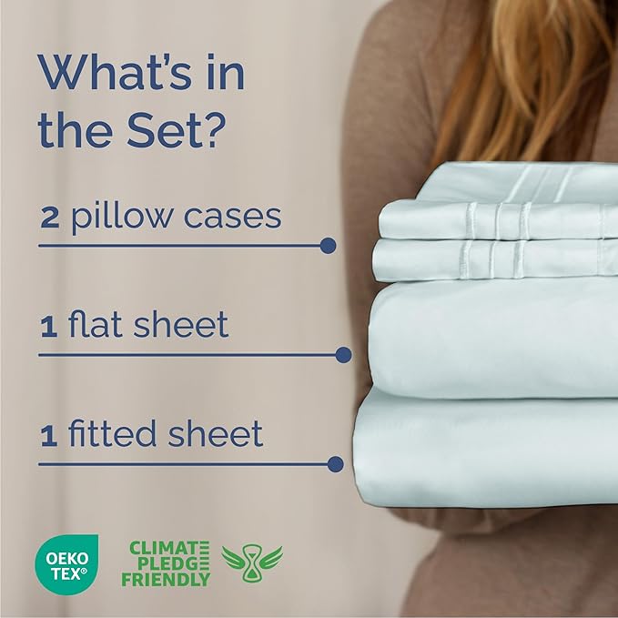 Cal King Size 4 Piece Sheet Set - Comfy Breathable & Cooling Sheets - Hotel Luxury Bed Sheets for Women & Men - Deep Pockets, Easy-Fit, Soft and Wrinkle Free Sheets - Ice Blue Oeko-Tex Bed Sheet Set