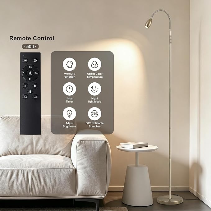 Reading Floor Lamp, Dimmable LED Floor Lamp with Remote, Standing Lamp with Flexible Gooseneck, Zoomable Spotlight, Reading light, Task Crafting Tall Lamps for Living Room Office Bedroom(Brass)