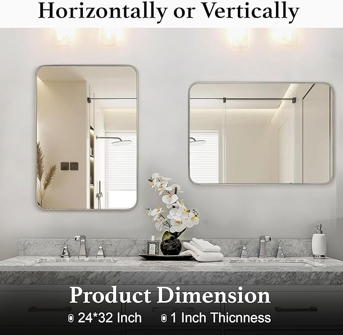 Bathroom Mirror Brushed Nickel, 24 x 32 Inch Metal Frame Rectangle Mirror Rounded Silver Modern Vanity Mirror Anti-Rust for Bathroom, Farmhouse Wall Mounted Vertically/Horizontally
