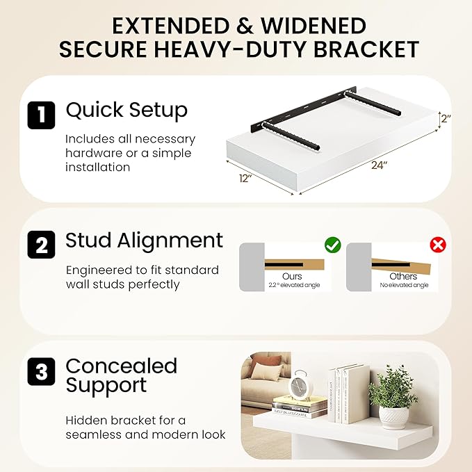 Fun Memories 72 Inch Floating Shelves, 12 Inch Deep Wall Shelf for Fireplace Mantel, Deep Storage Shelves for Home & Office, Long Floating Shelf with Invisible Bracket, White, Set of 2