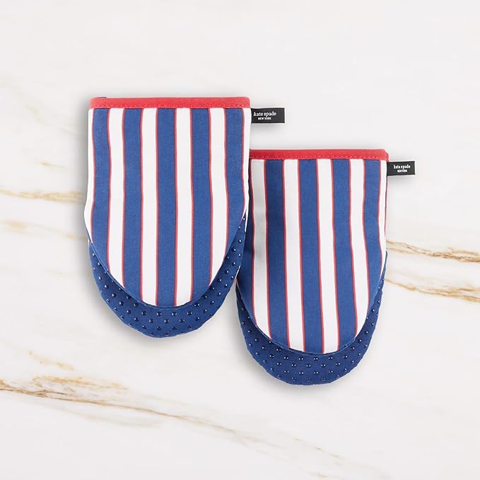 Kate Spade New York Botanical Stripe Mini Oven Mitt 2-Pack Set, 5.5" x 8", Navy Blue/Red