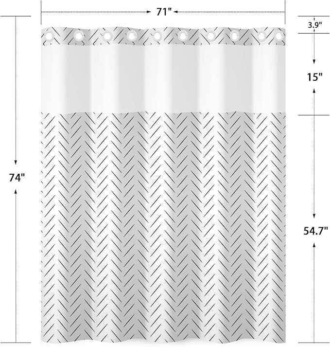 No Hook Shower Curtain with Snap in Liner, Minimalist Black and White Herringbone Geometric Shower Curtains for Modern Neutral Bathroom, Waterproof Bath Curtain with Mesh Top, 71x74 Inch