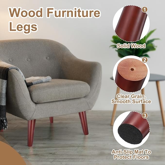 PATIKIL Wood Furniture Legs, 4Pcs 3.9" Tapered Replacement Sofa Leg for Chair Couch Bed Coffee Table Dresser, Red Walnut