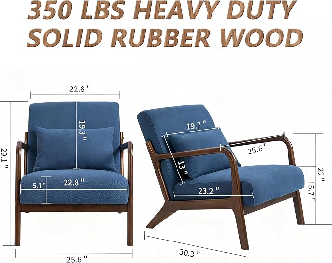 Mid Century Modern Accent Chair with Wooden Frame & Linen Upholstery, Comfortable Mid Century Lounge Chair with Pillow, Wooden Accent Chair for Living Room, Bedroom or Reading Corner