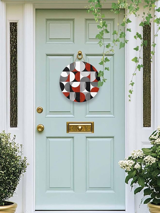 Welcome Sign for Front Door Mid Century Geometric Wood Door Hanger for Outdoor Outside Porch,10 Inch Round Wooden Wreath Indoor Wall Hanging Decoration, Abstract Modern Red