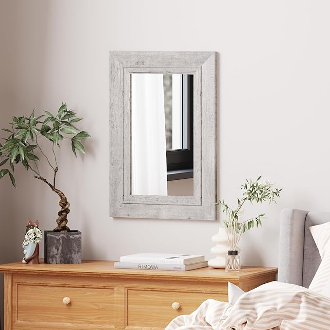 Rustic Wall-Mounted Vanity Mirror, Solid Wood Frame Bathroom Mirror, Farmhouse Style for Living Room, Bedroom, Entryway, Horizontal/Vertical Hanging