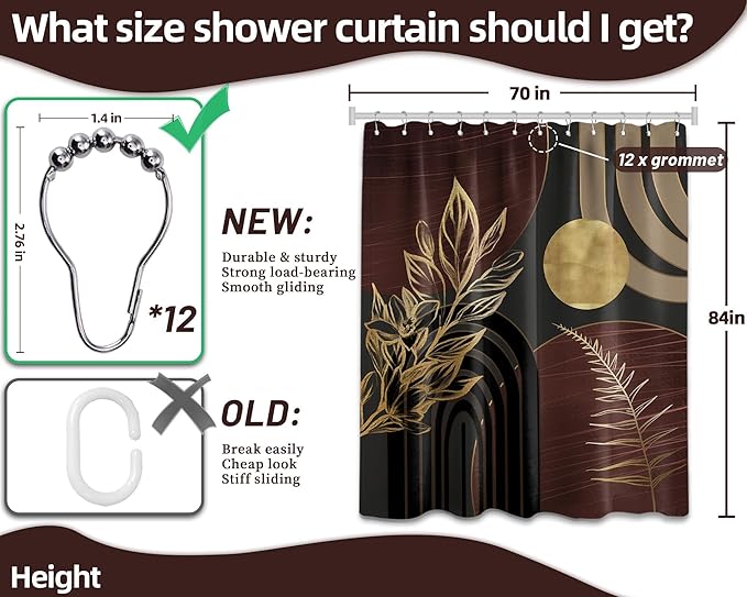Dark Brown and Black Shower Curtain Boho Mid Century Gold and Brown Shower Curtains for Bathroom Decor, Waterproof Cloth Fabric with Hooks, 70" W x 84" L