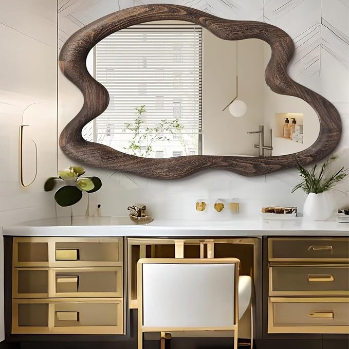 AAZZKANG Large Wall Mirror with Wood Framed 24"x16" Vintage Irregular Wall Mirror Asymmetrical Hanging Mirror for Bathroom Bedroom Living Room Entryway Brown