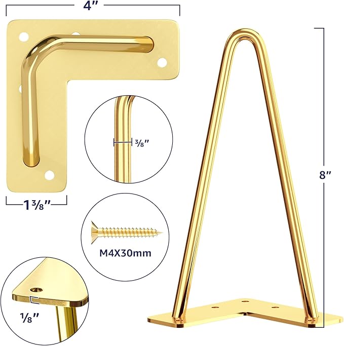 SMARTSTANDARD 8 Inch Hairpin Furniture Legs, 3/8'' Rods Metal Home DIY Projects for Nightstand, Coffee Table, Bed with Rubber Floor Protectors, Gold Set of 4PCS