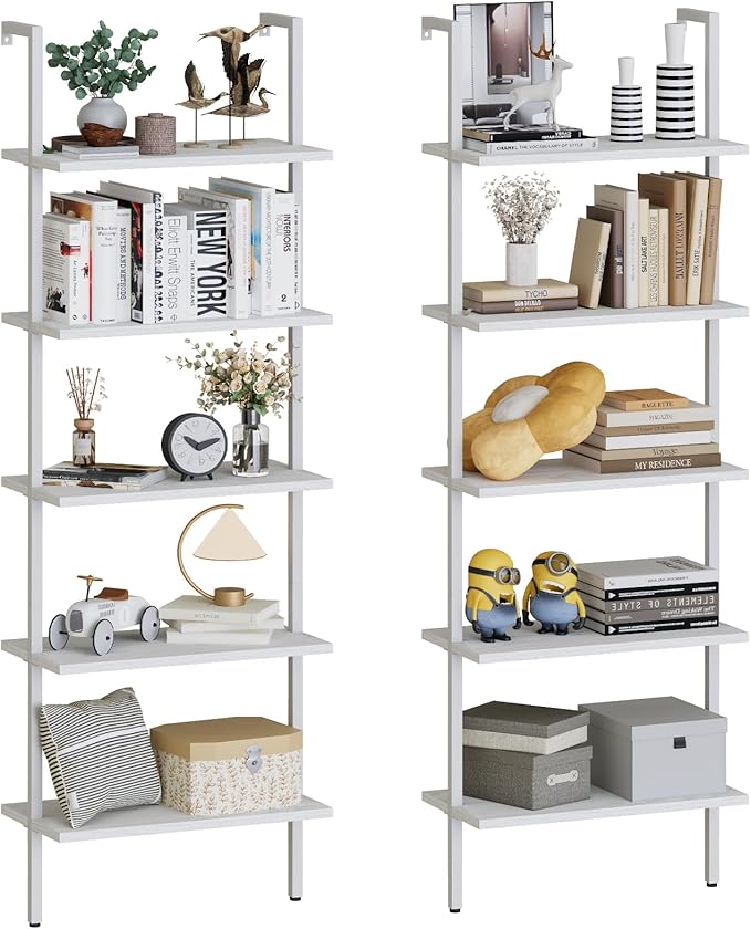 aboxoo Ladder Shelf 2 PCS White Bookshelf 5-Tier Wooden Open Shelf Wall-Mounted Wood Rack Industrial Modern Plant Flower Stand Utility Organizer Bookcase Metal Frame Furniture Office Kitchen Bedroom