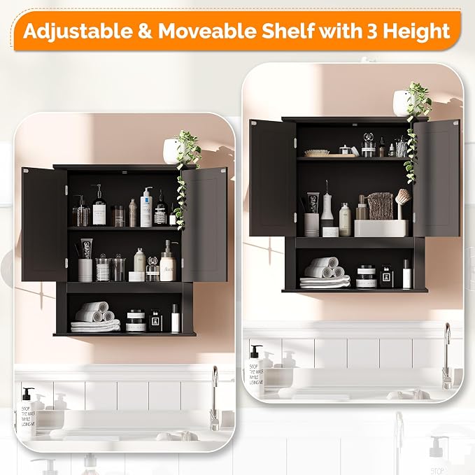 VINGLI Bathroom Wall Cabinet, Black Medicine Cabinet with Open Shelf & 2 Doors, Adjustable Hanging Storage Organizer Over Toilet, Wooden Cupboard for Kitchen Laundry Room Entryway