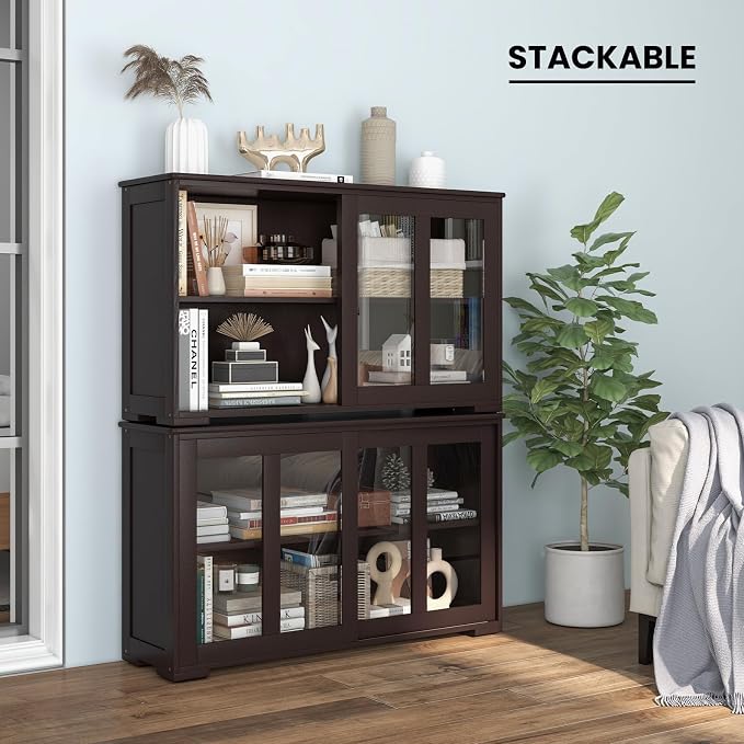 Buffet Cabinet with Storage, Kitchen Sideboard with Sliding Glass Doors, Credenzas Storage Cabinet with Adjustable Shelf, Stackable Kitchen Cupboard for Dining Room Coffee Bar