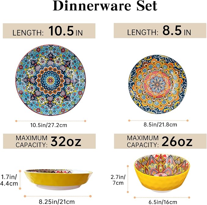 Plates and Bowls Set, Service for 4, 16 Pieces Ceramic Dinnerware Set, Microwave and Dishwasher Safe, Scratch Resistant, Bohemian Style Plates Set for Salad, Pasta, Dessert, Appetier