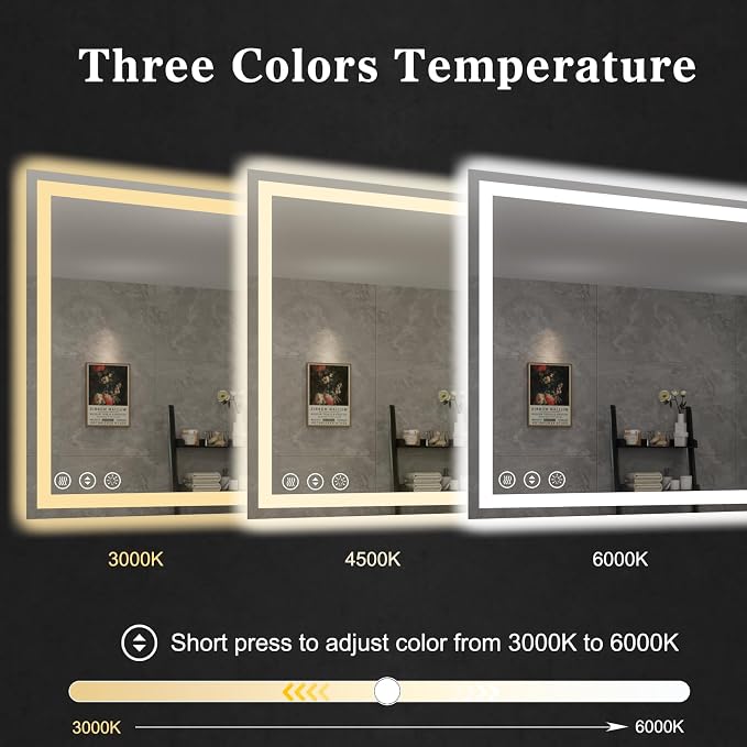 WTTY LED Bathroom Mirror 40"x36" with Back and Front Light,Modern LED Mirror for Bathroom,Stepless Dimmable Lighted Bathroom Vanity Mirror with Anti-Fog,Memory Function,Shatter-Proof