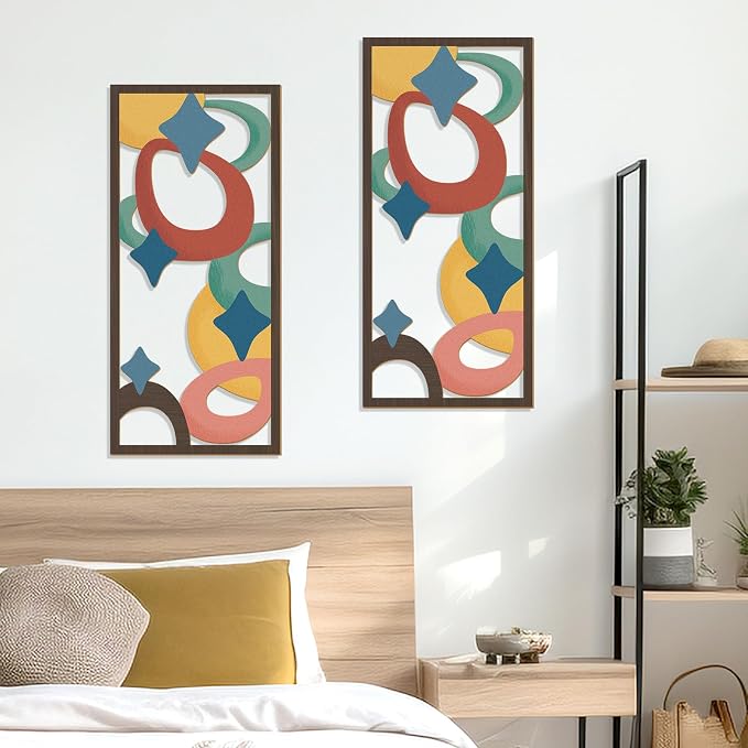 Zzbakress 2 Pcs Mid Century Modern Decor Wooden Geometric Wall Art Abstract Wall Decor Art Elegant Wall Decor for Home Living Room Bedroom