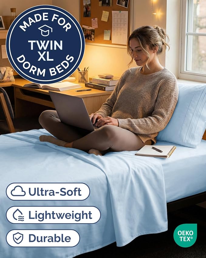 Twin XL Size 3 Piece Sheet Set - Comfy Breathable & Cooling Sheets - Hotel Luxury Bed Sheets for Women & Men - Deep Pockets, Easy-Fit, Soft & Wrinkle Free Sheets - Light Blue Oeko-Tex Bed Sheet Set