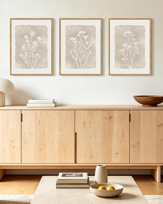 KUVIOKE Boho Botanical Flower Framed Wall Art Farmhouse Vintage Floral Wall Painting Rustic Wildflower Neutral Prints for Living Room Bedroom 12x16in (Natural Framed)