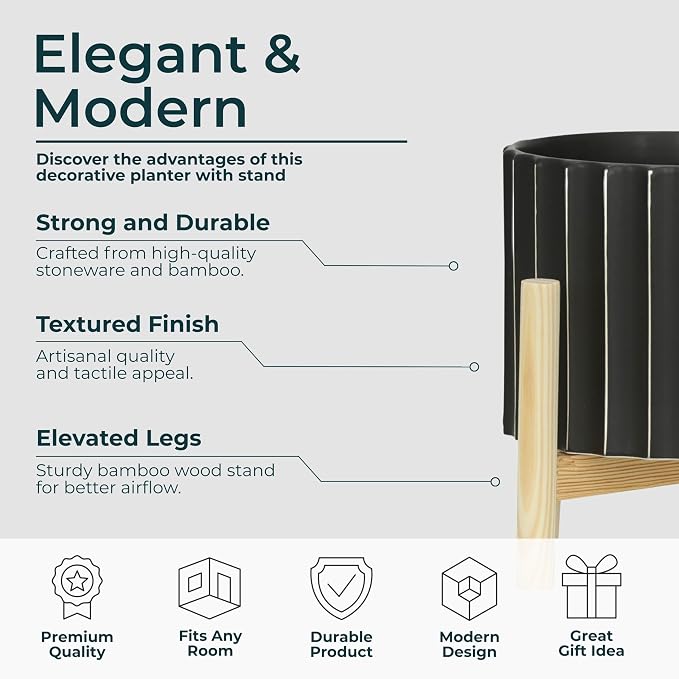 Ceramic Planter with Pine Wood Stand – Plant Pot – Durable Stoneware Planter for Indoor Outdoor Use – Modern Minimalist Plant Holder for Home Decor, Living Room, Garden, Balcony – 9", Black Fluted