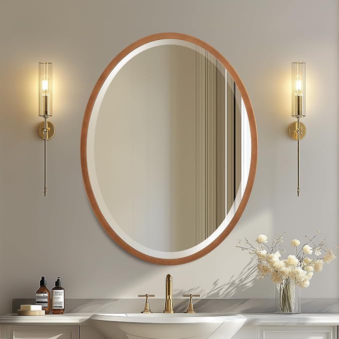 OVALCREST - Oval Wooden Beveled Wall Mirror for Home Decor, Bathroom, Vanity, Bedroom, Living Room, Hallway - London Style (Sunset Gold) 29.1 x 23.1