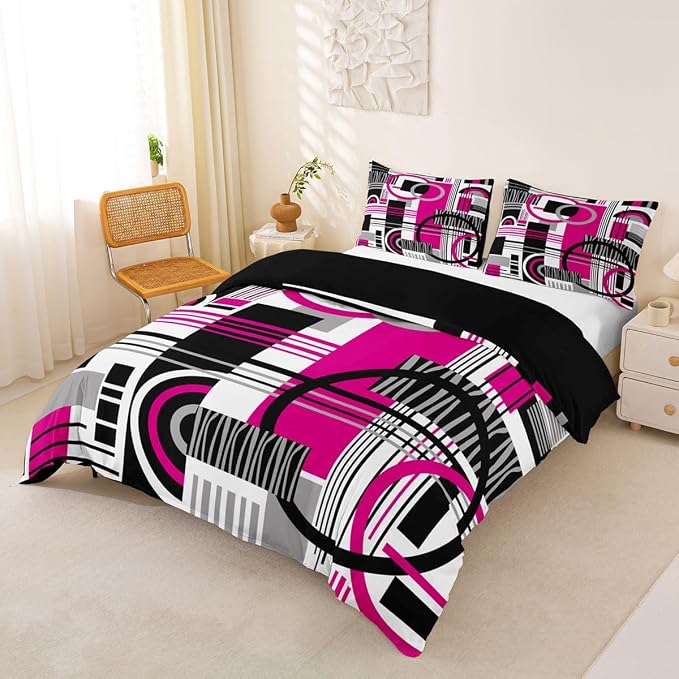 Art Deco Mid Century Duvet Cover Set Retro Modern Abstract Geometric Girl Toddler Bedding Set for Preteen Boys Girls Black and White Hot Pink Circles Stripes Comforter Cover Contemporary Bed Sets