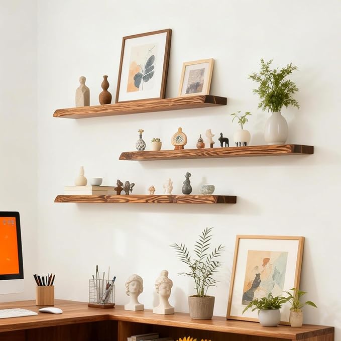 48 Inch Wooden Floating Shelves for Wall, Finnish Spruce Solid Wood Shelf, Natural Wood Floating Shelves for Living Room, Bathroom, Bedroom, Kitchen, Brown Finish