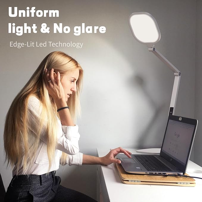 LitONES LED Desk Lamp for Home Office, Professional Eye-Caring Diffused Desk Light, 3 Color 10 Brightness Computer Light, Dimmable Office Lamp with Memory & Timer Func, Metal Swing Arm Table Lamp