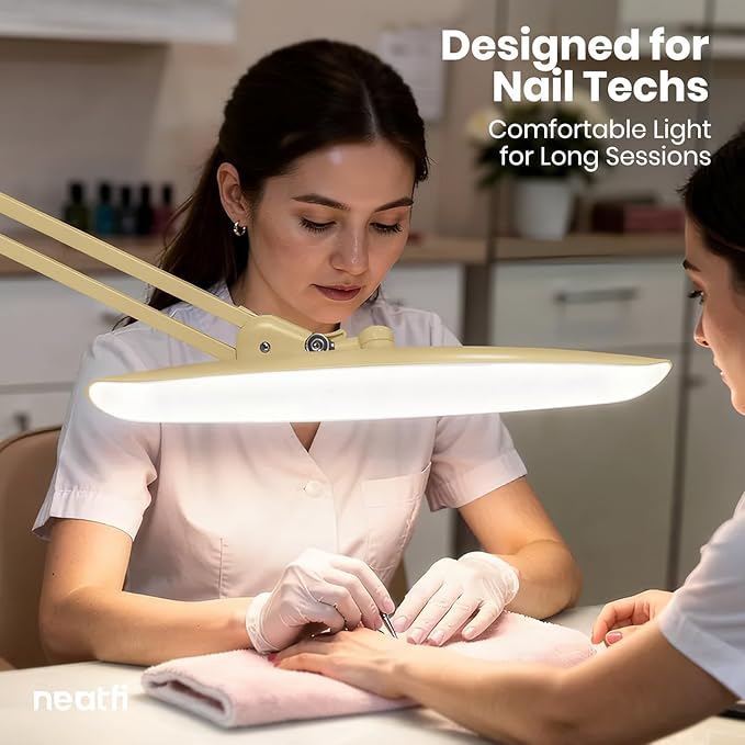 Neatfi XL Nail Desk Lamp with Clamp, 2200 Lumens, 20-Inch Wide Head, Dimmable 4 Levels, 6500K, LED Task Light for Manicure Table, Crafts, Workbench, Office (Non-CCT, Gold)