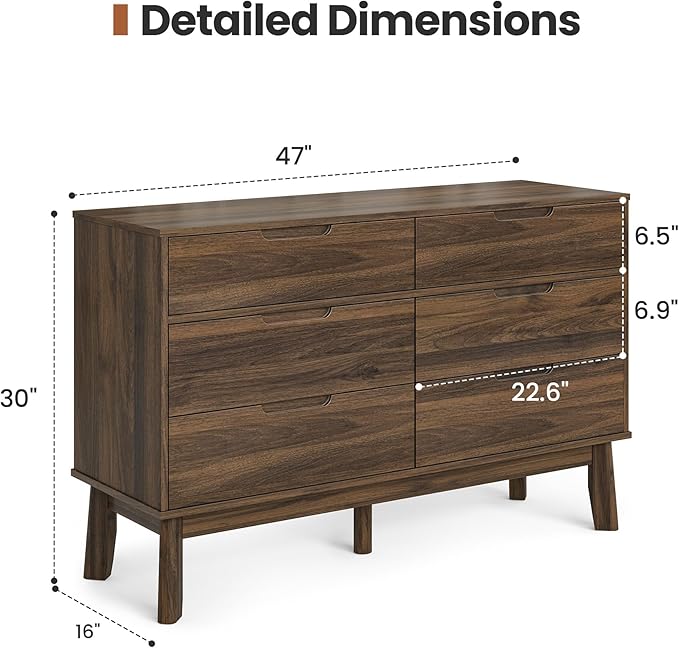 47" Wide Wooden Dresser for Bedroom, Mid-Century Modern 6 Drawer Double Dresser with Natural Wood Grain, Large Horizontal Storage Chest for Living Room, Anti-Tip Kit, Dark Walnut