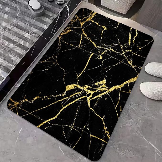 Diatomaceous Earth Bath Mat,Black Gold Marble Non-Slip Volume Super Absorbent Fast Drying for Bathroom Kitchen Door mat,Eco-Friendly Easy to Clean 17×27.5Inch (43 * 70cm)