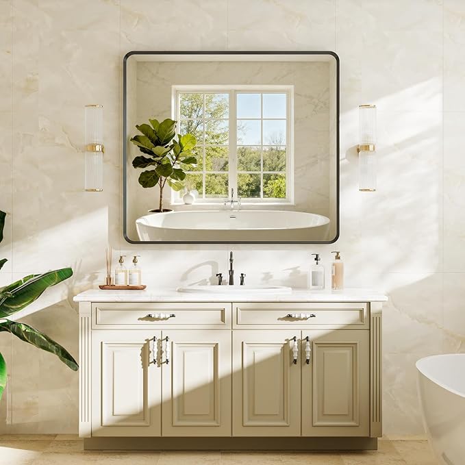 40x36 inch Black Rectangle Bathroom Mirror, Metal Aluminum Frame, HD Tempered Glass, Horizontal/Vertical Hanging, Modern Over Sink Mirror
