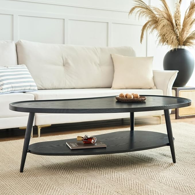 Saint Mossi Black Coffee Table for Living Room, Mid-Century Mango Shaped Wood Coffee Table, 2-Tier Center Table for Small Space, Black Board, D47xW23.6xH15