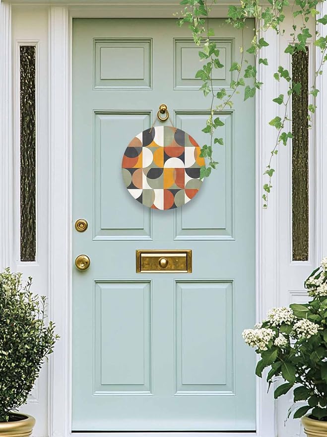 Welcome Sign for Front Door Mid Century Geometric Wood Door Hanger for Outdoor Outside Porch,12 Inch Round Wooden Wreath Indoor Wall Hanging Decoration, Abstract Modern Retro
