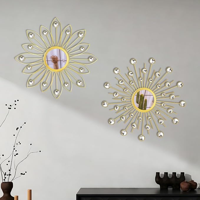 2 Pack Metal Mirrors for Wall Boho Sunburst Wall Mirror Home Decor Modern Decorative Wall Art for Bedroom Living Room Entryway