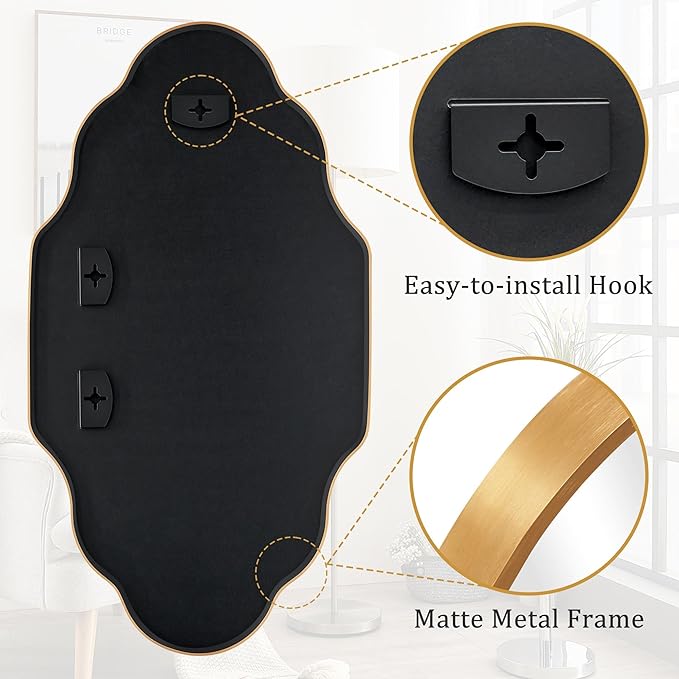 Gold Scalloped Bathroom Mirror, Irregular Wall Mirror with Brushed Metal Frame, HD Glass Decorative Mirror for Wall Decor, Vanity Mirror for Bathroom, Bedroom & Entryway (24" x 36", 2 Pack)