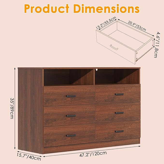 Bigbiglife 6 Drawers Dresser for Bedroom Wooden Drawer with Open Storage Cubby, Double Wide Dresser Organizer for Bedroom, Living Room, Entryway, Hallway (Walnut Brown)