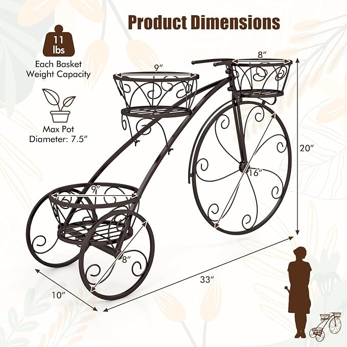 Giantex Metal Bicycle Planter, 3 Tier Tricycle Flower Plant Stand w/ 3 Decorative Wheels, Parisian Style Flower Display Stand Cart for Home Decor Patio Garden Flower Shop Indoor Outdoor (Bronze)